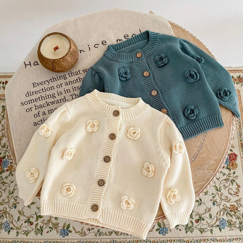 Autunno inverno bambino neonate maglione cappotto tinta unita fiore fatto a mano neonate maglieria Cardigan vestiti per bambini 3