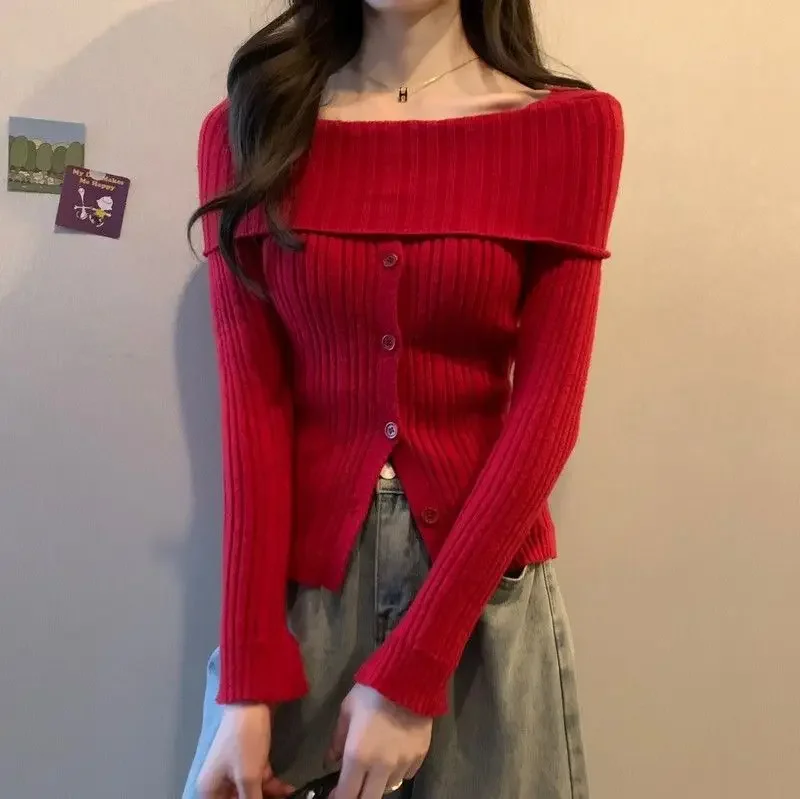 Maglione lavorato a maglia con spacco sulle spalle sexy Camicia base slim fit a maniche lunghe Maglieria autunno inverno Top casual alla moda da donna 3