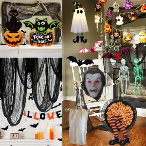 Decorazione di Halloween Garza bianca nera appesa scheletro fantasma finestra da parete adesivi pipistrelli spaventosi luci di Halloween a LED forniture per feste 1