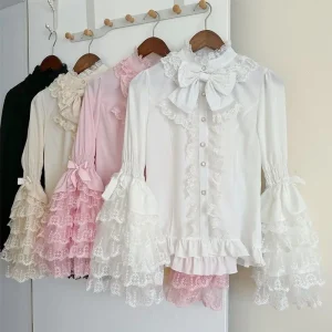 Camicia Lolita gotica e dolce - Camicetta arricciata a maniche lunghe per abiti JSK, top in pizzo per bambole Kawaii con maniche a sbuffo in rosa/bianco 1