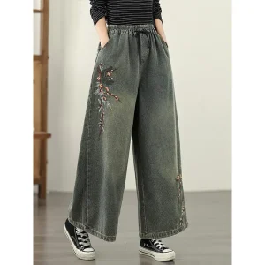 2025 autunno nuovi jeans donna vintage industria pesante ricamo stile etnico elastico in vita pantaloni larghi oversize casual 1