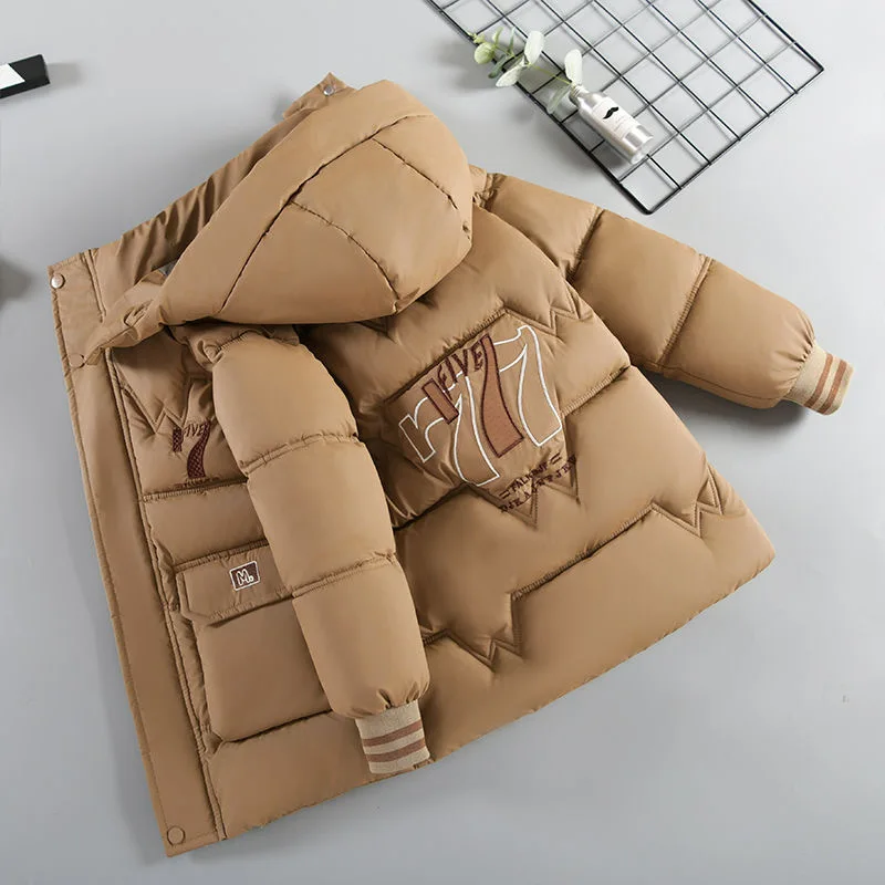 -30 ℃ 2025 Giacca invernale per ragazzi adolescenti Peluche spessa Prevenzione del freddo Stampa di lettere Con cappuccio Giubbotti da esterno in cotone per 6-14 anni 2