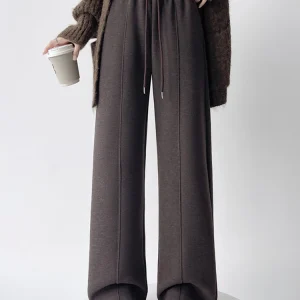 Streamgirl Pantaloni invernali spessi e caldi per le donne Pantaloni in pile marroni Pantaloni invernali da donna a vita alta a gamba dritta Ufficio caldo 1