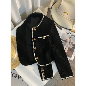 MEXZT Giacca vintage in tweed da donna elegante cappotto trapuntato corto da pendolarismo blazer nero invernale da donna coreano corto capispalla top nuovo 1