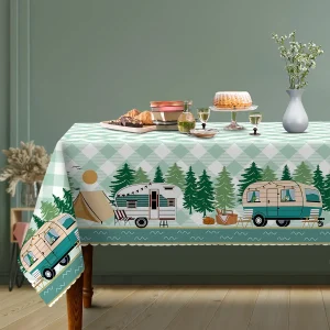 Tovaglia rettangolare con alberi a quadretti verdi Decorazioni per feste a casa per le vacanze Tovaglie lavabili per falò per camper Decorazioni per la tavola da picnic all'aperto 1