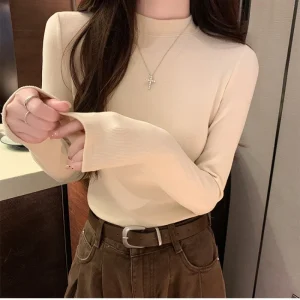 Camicie pullover da donna mezzo dolcevita lavorato a maglia autunno inverno 2025 nuove magliette slim con fondo coreano casual a maniche lunghe tinta unita femminile 1