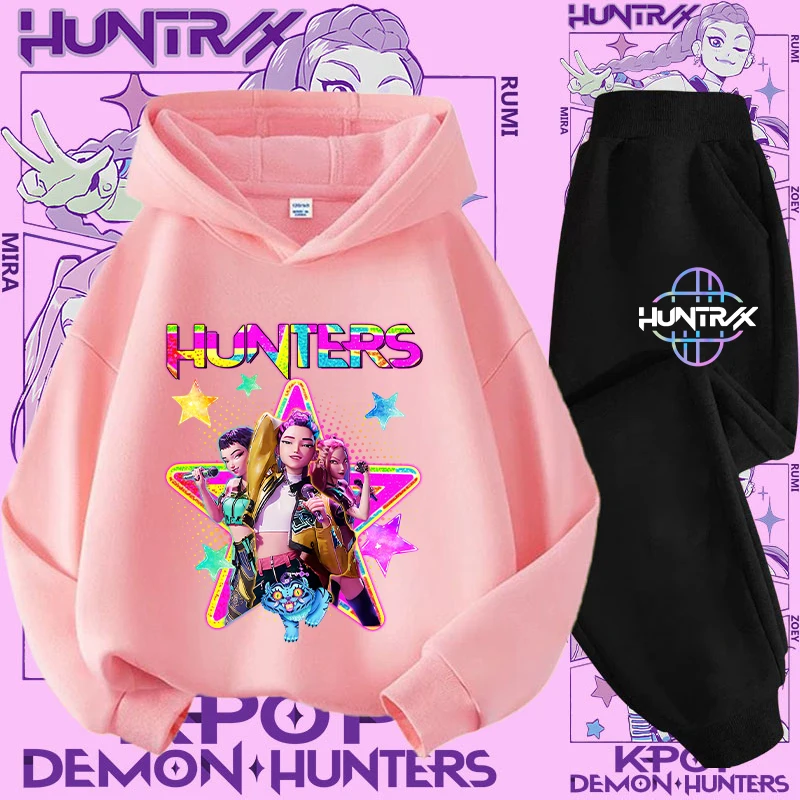 Camicia sportiva con stampa cartoon 2 pezzi Nuovo set maglione con cappuccio per bambini - K-pop Demon Hunter Girl Cute Casual Top per bambini 2