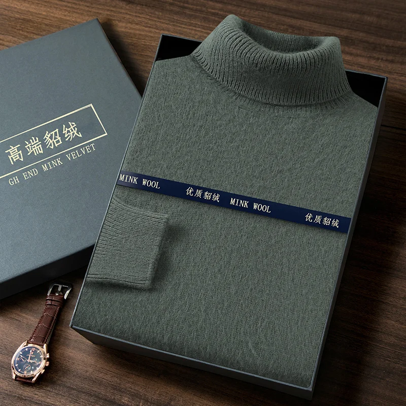 Maglione da uomo in maglia spessa 100% visone e cashmere, pullover caldo con colletto rovesciato, dolcevita invernale casual a maniche lunghe da uomo 3