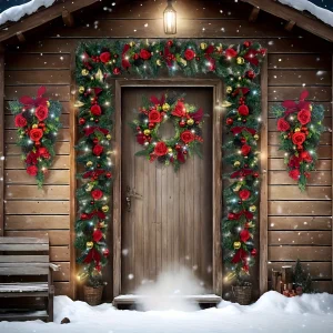 Set di ghirlande natalizie in rattan Ghirlanda di rose rosse per porta d'ingresso Ghirlanda appesa Ornamenti natalizi Decorazioni di Capodanno Decorazioni natalizie 1