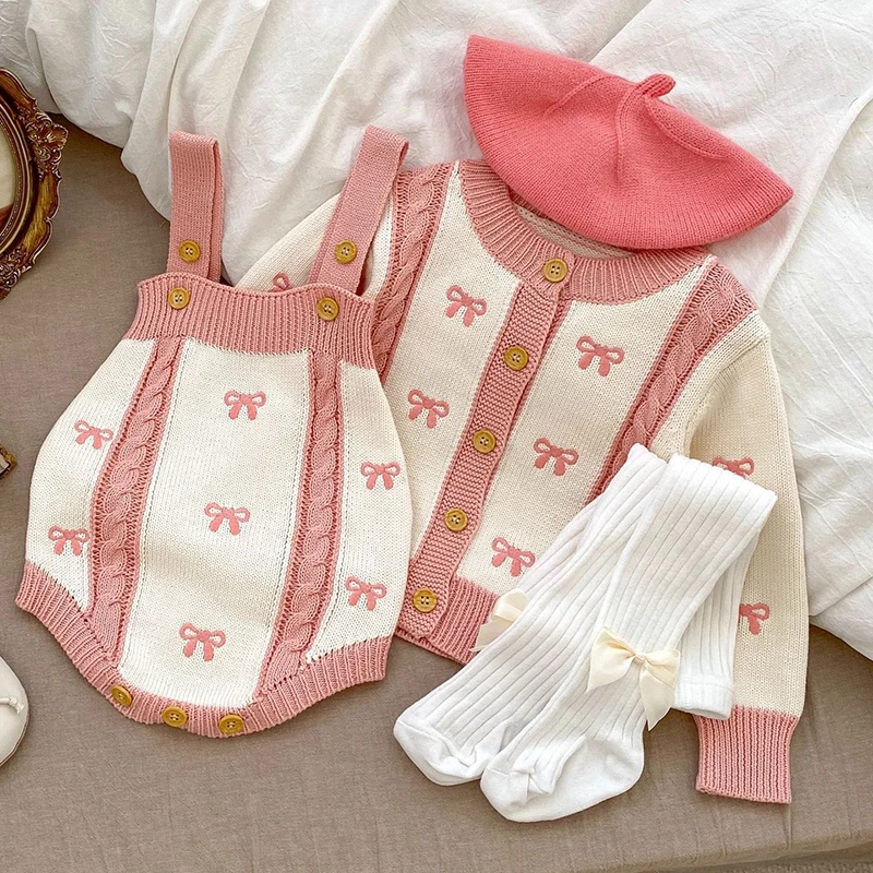 Autunno bambini vestito lavorato a maglia neonate abbigliamento Set fiocco ricamato Cardigan lavorato a maglia + tuta neonate vestiti vestito 3