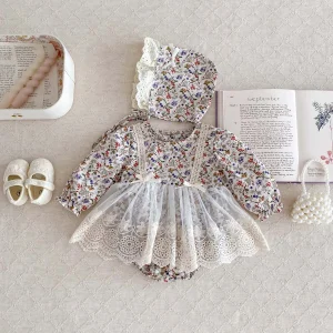 Pagliaccetto per neonata Abito floreale ritagliato in pizzo a maniche lunghe + cappello Body per neonata Vestiti per bambini 0-24 mesi 1