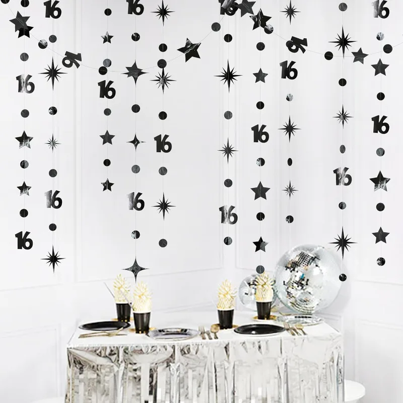Nero numero 16 punti circolari scintillanti stella ghirlanda banner decorazioni sullo sfondo per ragazze ragazzi festa di 16° anniversario di compleanno 4