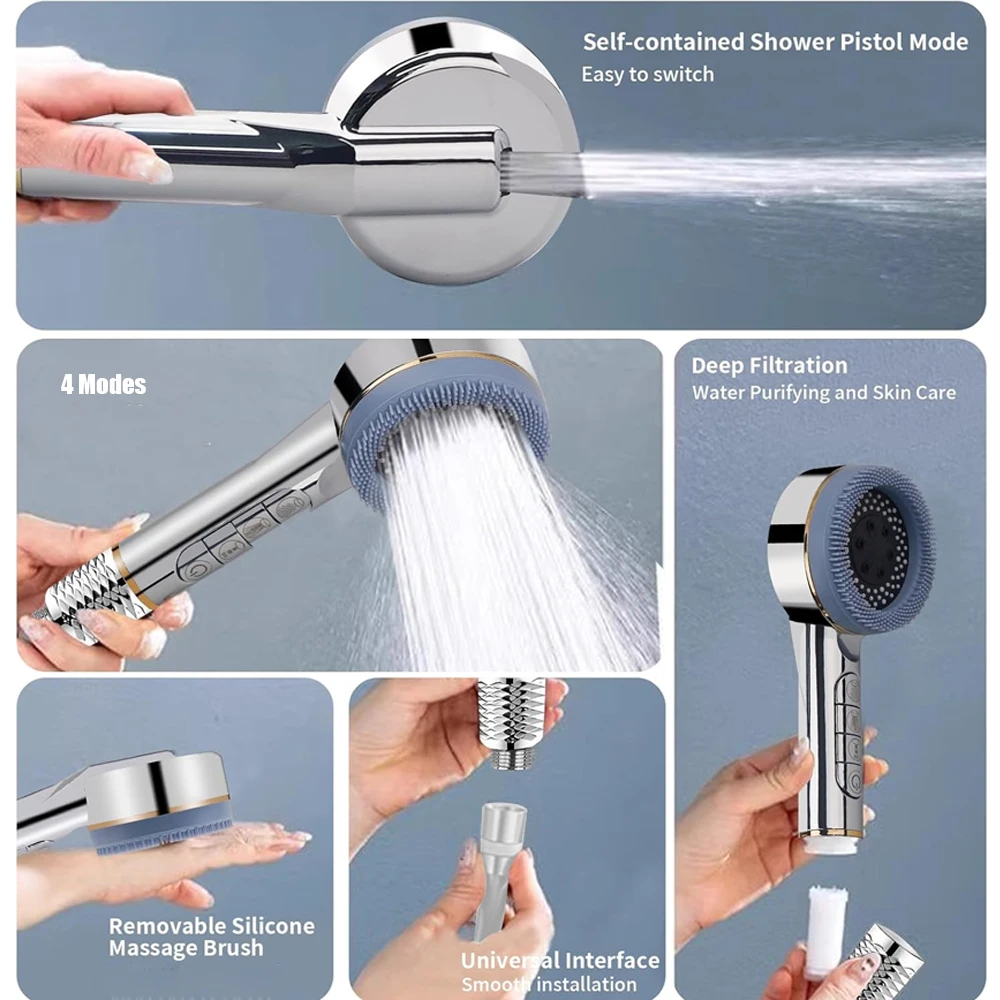 Soffione doccia ad alta pressione a 4 modalità Soffione doccia con massaggio ad acqua pressurizzato con filtro Miscelatore doccia portatile Accessori per il bagno 2