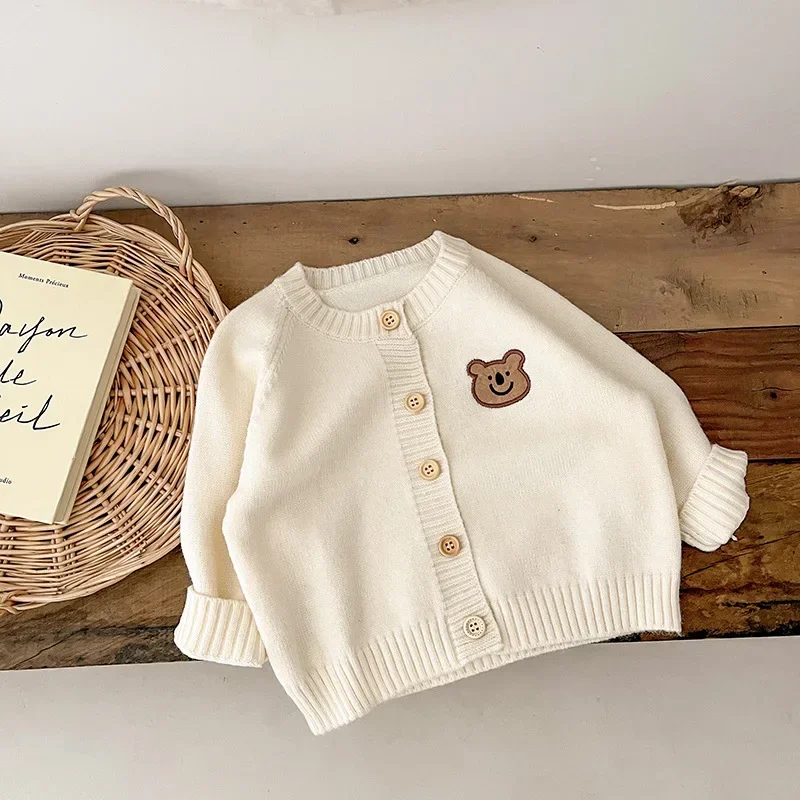 Cute Bear Knit Baby Girl Coat Children's Knitted Cardigan Long Sleeved Top Baby Sweater Outdoor Wear Baby Clothes New Born 6