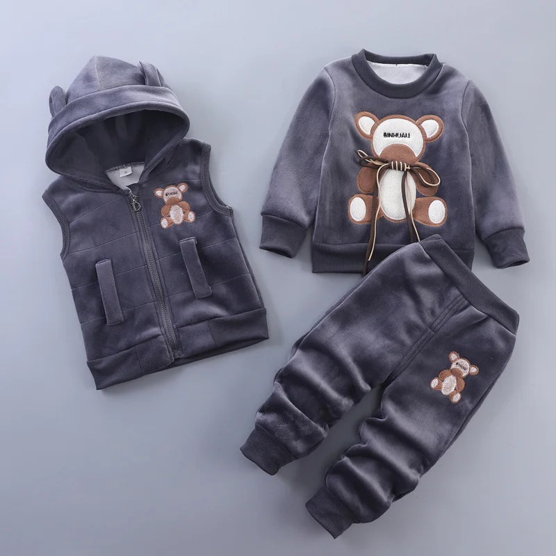 Nuovi set di abbigliamento in pile per bambini invernali autunno ragazzi ragazze cotone spesso caldo maglione con cappuccio pantaloni orso cartone animato 3 pezzi vestito per bambini 0-4Y 2