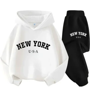 Primavera Autunno Abiti New York USA Lettera Stampa 2 pezzi Felpa con cappuccio + Pantaloni Tute 3-13 anni Ragazzi Ragazze Streetwear Abbigliamento per bambini 1