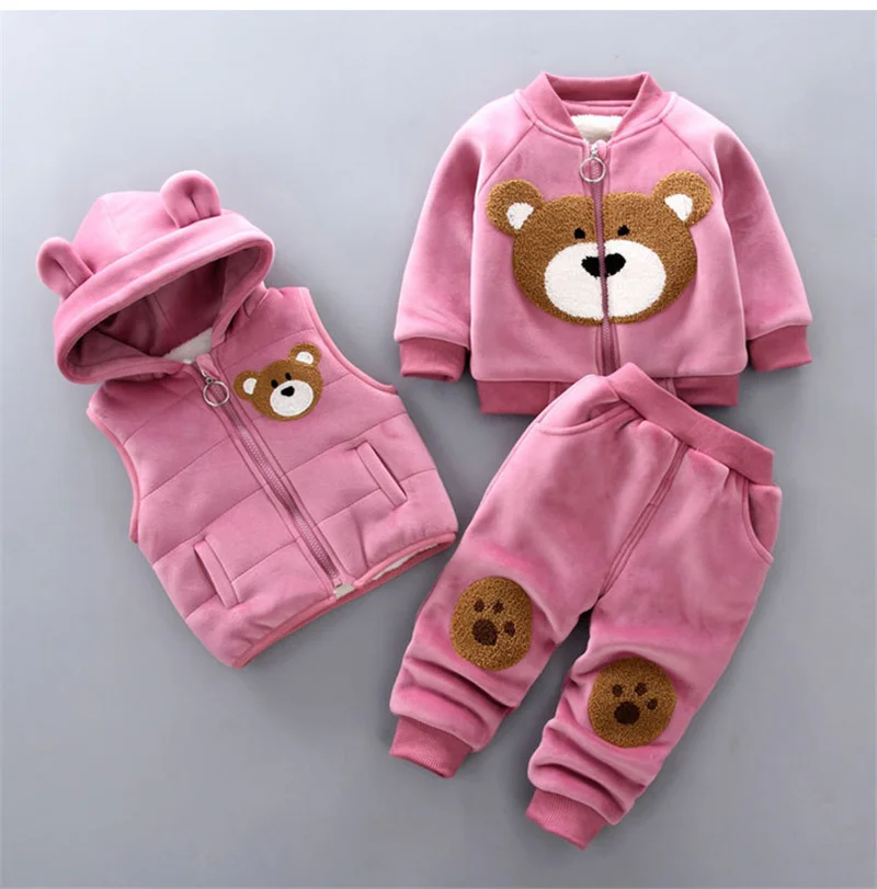 Nuovi set di abbigliamento in pile per bambini invernali autunno ragazzi ragazze cotone spesso caldo maglione con cappuccio pantaloni orso cartone animato 3 pezzi vestito per bambini 0-4Y 3