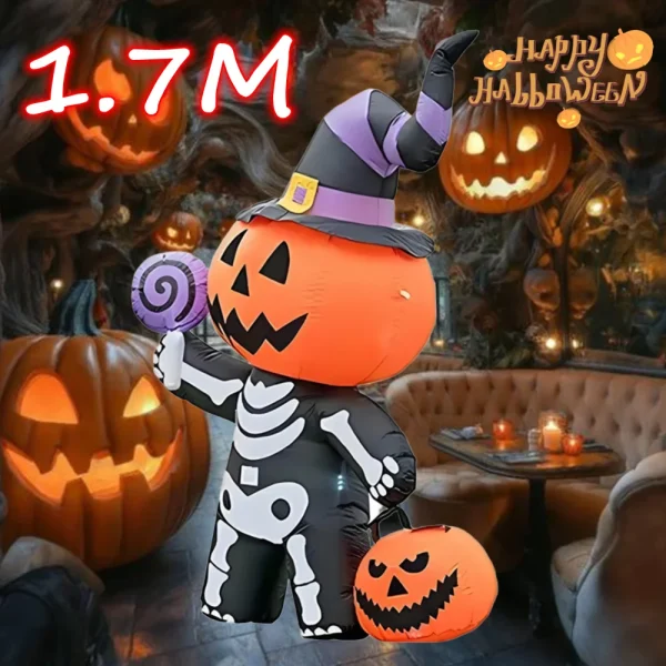 Scheletro di zucca gonfiabile di Halloween da 1,7 m Piccolo fantasma con luci a LED Decorazione del cortile esterno Giardino domestico Festival Horror Prop 1