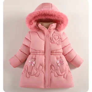 2025 inverno nuove ragazze giacca lunga fodera in tinta unita berbero in pile spesso caldo con cappuccio Parka per 4-10 anni ragazze arco moda tuta da neve 1