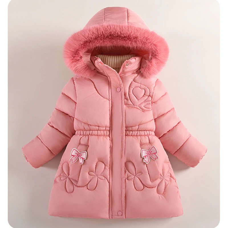 2025 inverno nuove ragazze giacca lunga fodera in tinta unita berbero in pile spesso caldo con cappuccio Parka per 4-10 anni ragazze arco moda tuta da neve 1