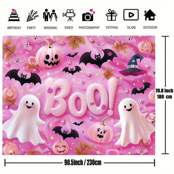Fondale per feste di Halloween spettrale-Design rosa zucca e fantasma, sfondo fotografico Versatile in poliestere per la decorazione domestica 5