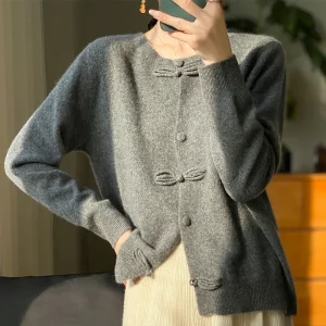 Donna nuova moda autunno inverno 100% maglione di lana Merino o-collo Cardigan con fibbia in stile cinese maglieria morbida abbigliamento femminile top 1
