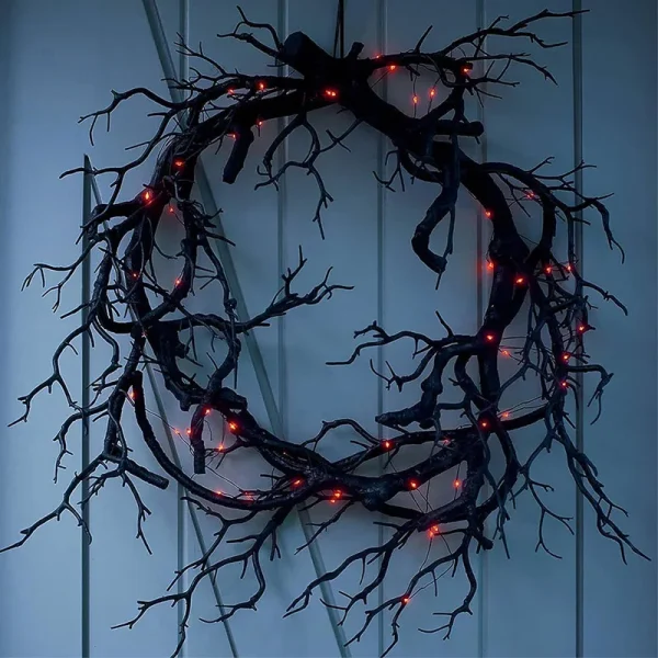 Decorazione di Halloween ghirlanda ramo nero con corde a LED ragno luce alimentata a batteria per la decorazione della parete della porta d'ingresso della casa del partito 4