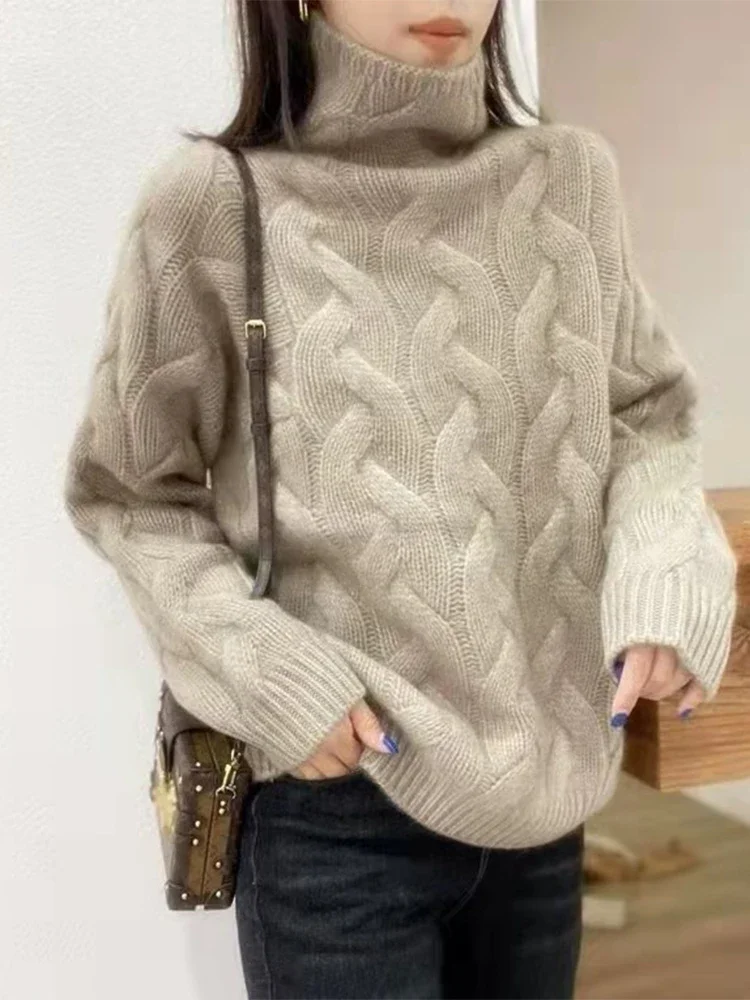 Maglione da donna in puro cashmere a collo alto, sciolto, spesso, con fondo intrecciato, stile europeo, maglieria calda invernale, 100% cashmere 6