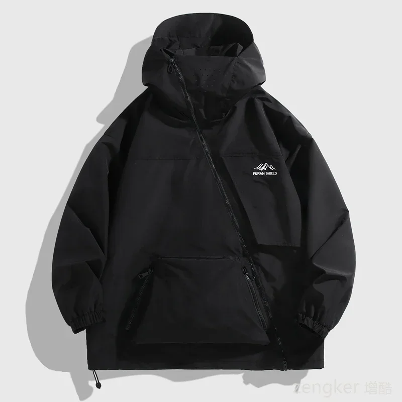 Giacca da carica con cerniera diagonale da esterno nera casual da uomo primavera autunno Felpa con cappuccio alla moda Giacca impermeabile grande 200 kg 12XL 2