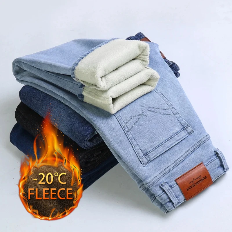 Jeans da uomo in pile 2025 abbigliamento da uomo Casual Jean inverno nuovi pantaloni in pile spessi e caldi pantaloni in denim maschile vestibilità dritta 1