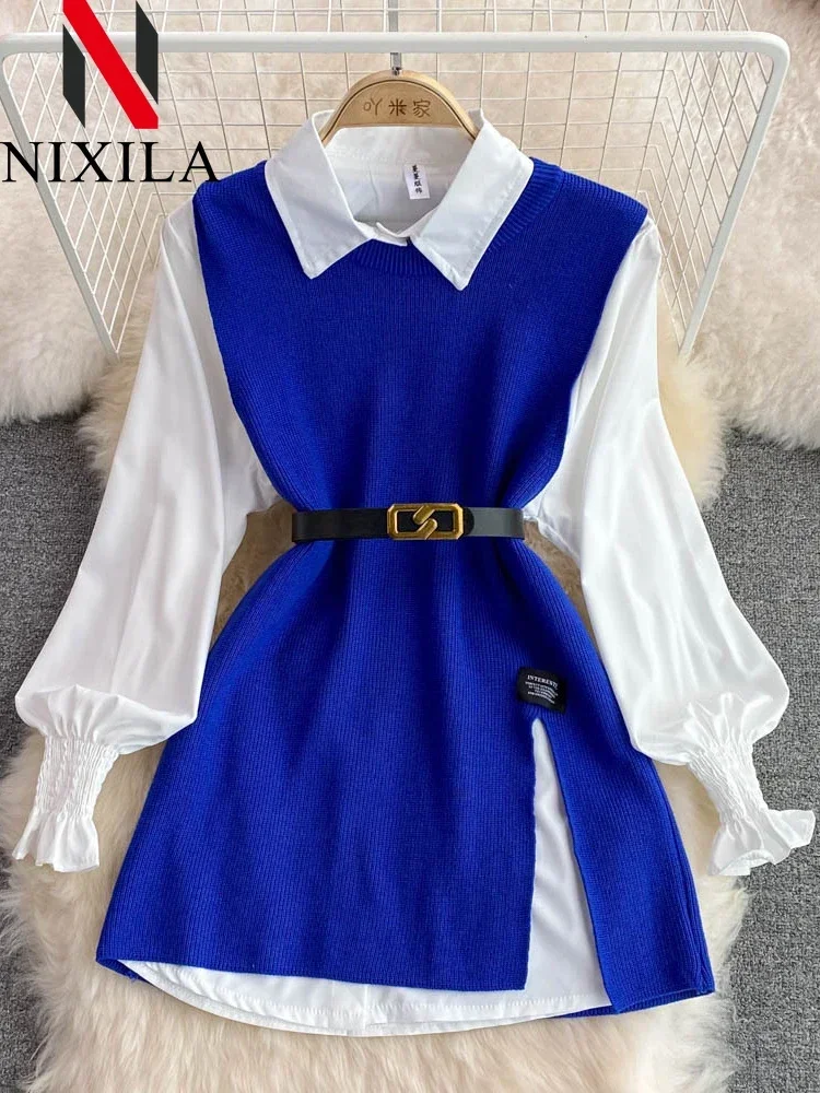 Set da donna chic in 2 pezzi che riduce l'età, camicia bianca a maniche lunghe, maglione, vestibilità ampia, gilet in maglia, pullover, moda primavera autunno 3