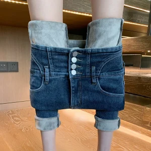 Jeans termici da donna Pantaloni a matita skinny elasticizzati in pile addensato caldo da neve invernale Pantaloni coreani in peluche di velluto slim fit 1