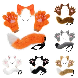 Soffici orecchie di gatto Coda lunga di gatto più graziosi guanti con zampe di gatto Set Accessori per costumi cosplay Halloween Carnevale Party Dress Up 1