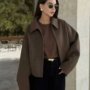 HH Giacca di lana con cerniera marrone moda per donna Cappotti corti a maniche lunghe con risvolto elegante Capispalla vintage da donna autunnale 1