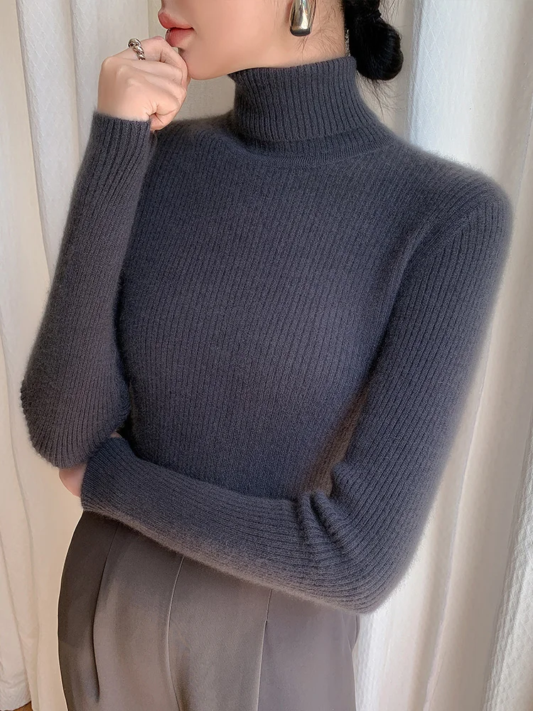 Maglione lavorato a maglia a collo alto da donna, versione coreana, slim, manica lunga, solido semplice, stile basic, top pullover in maglia, autunno, nuovo 6