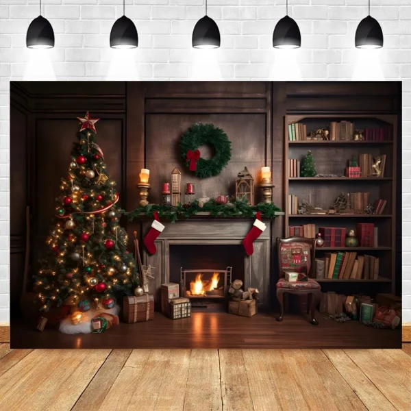 Sfondo di fotografia di natale camino in mattoni bianchi orso albero di natale sfondi bambini bambini festa in famiglia decorazioni per feste Banner 2