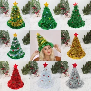 Cappelli per albero di Natale Cappello di seta da pioggia in tessuto per adulti Bambini Divertente cappello da Babbo Natale con orpelli Costume da festa di Natale Decorazioni di Capodanno 1
