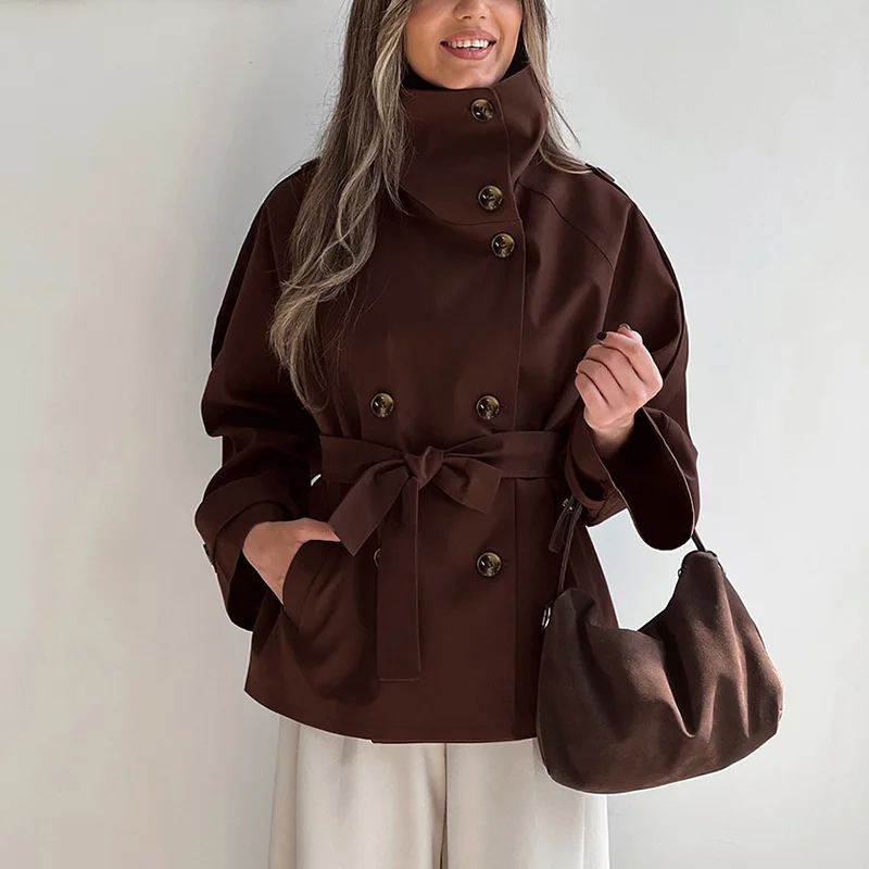 Ticketsx Trench vintage a collo alto con doppio petto Giacca slim patchwork con lacci Donna Autunno Inverno Ufficio Streetwear Trench 2