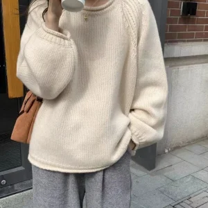 Nuovo maglione da donna in puro cashmere autunno e inverno con fondo maglione lavorato a maglia sciolto con collo rotondo e bordo arrotolato spesso 1