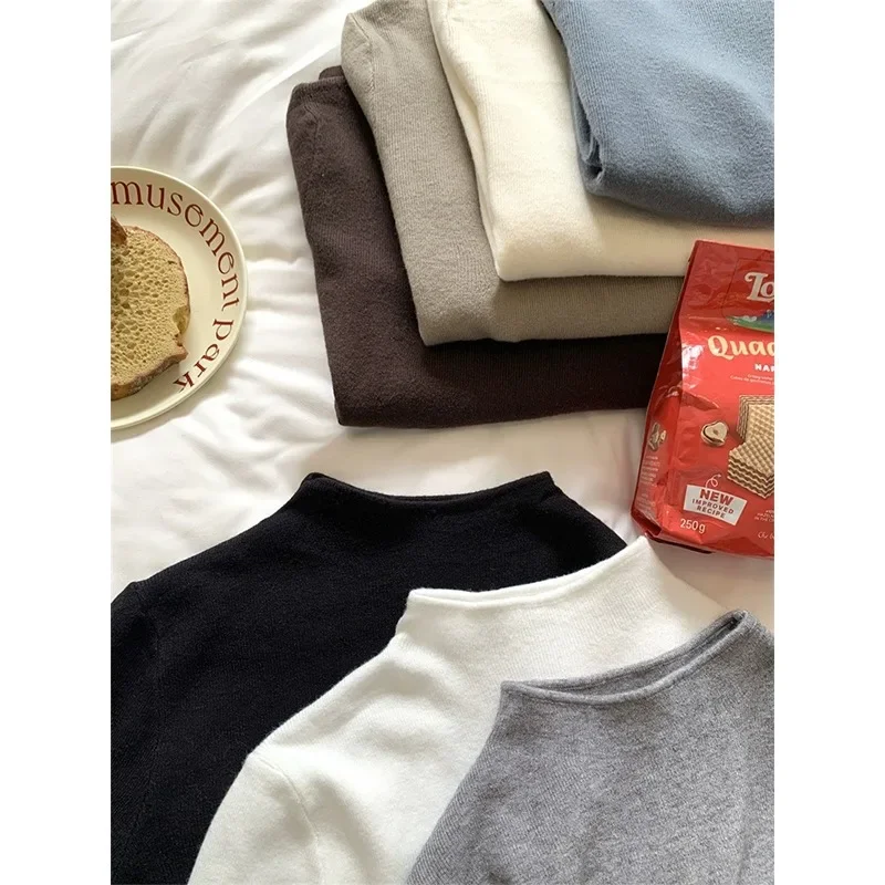 Semplice morbido tinta unita collo mezzo alto maglione lavorato a maglia strato base da donna autunno inverno caldo ed elegante camicia lavorata a maglia slim fit 3