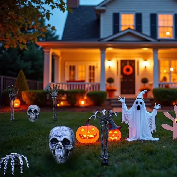 Teschio di Halloween Testa di scheletro Braccia realistiche a mano umana per la festa di Halloween Casa Giardino Decorazione del prato Casa stregata Puntelli horror 2