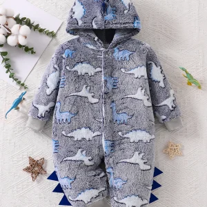Tuta con cappuccio per bambina autunno e inverno lavorata a maglia con motivo a dinosauro, abbigliamento invernale casual, confortevole, alla moda e alla moda per neonate, vestiti striscianti per bambini, vestiti pelosi caldi 1