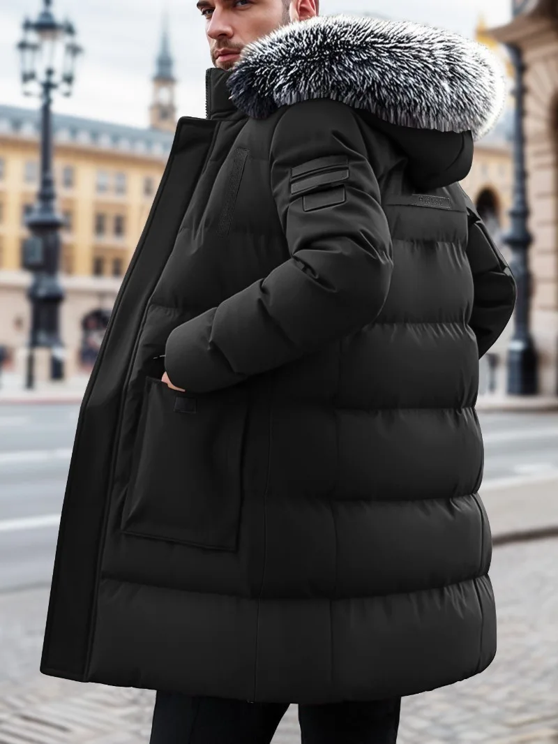 Giacca invernale da uomo in finto antivento Cappotto casual in poliestere con cappuccio staccabile Cerniera frontale Maniche lunghe e tasche Abiti invernali 2