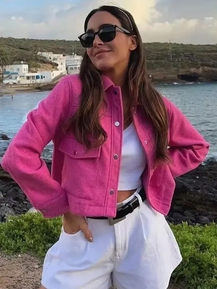 HH Giacche da donna Autunno Moda Tasche frontali solide Giacca a maniche lunghe con bottoni Cappotto capispalla casual da donna elegante 4