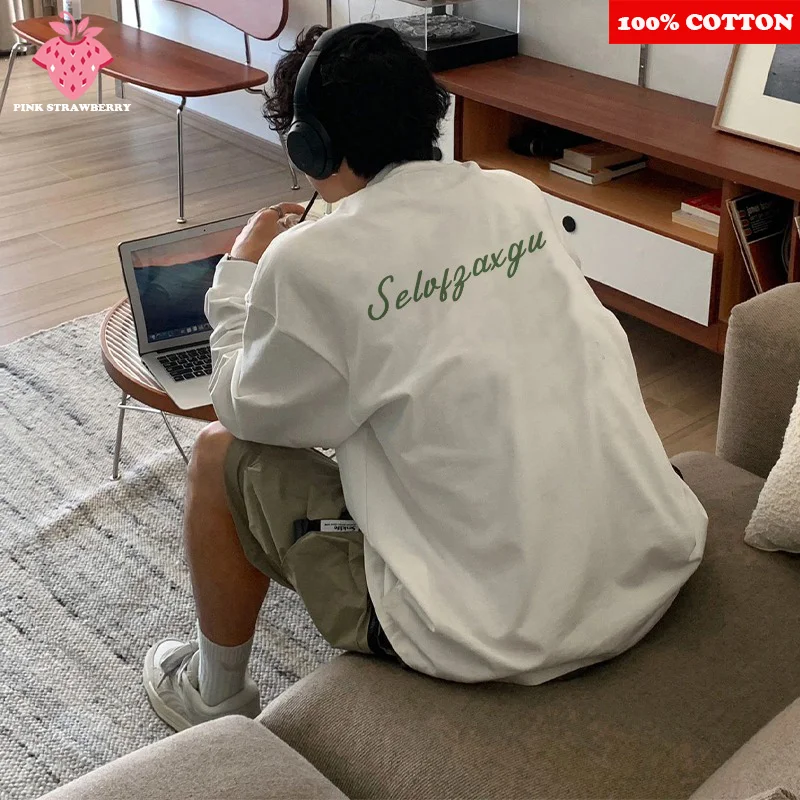 American Letter T-shirt bianca da uomo Autunno Inverno 2025 Nuovo 100% cotone maniche lunghe Sport Gym T-shirt Allentato Y2k Top abbigliamento uomo 1