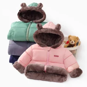 Bambini Piumini di lana d'agnello Ragazzi Ragazze Inverno Addensare Giacche calde Bambini Con cappuccio Orecchie carine Capispalla Vestiti in pile per bambini 2-6 anni 1