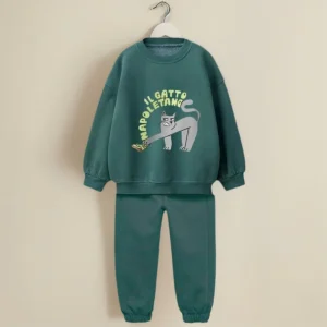 Completo girocollo verde per bambini Felpa con stampa gatto cartone animato + pantaloni Set Top singolo disponibile Abbigliamento per bambini Ragazzi Ragazze LooseWear 1