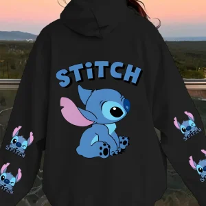 Felpa da donna in puro cotone Stitch Felpa con cappuccio Pantaloni casual alla moda Stampa unica Taglie forti Stile hip-hop streetwear 1