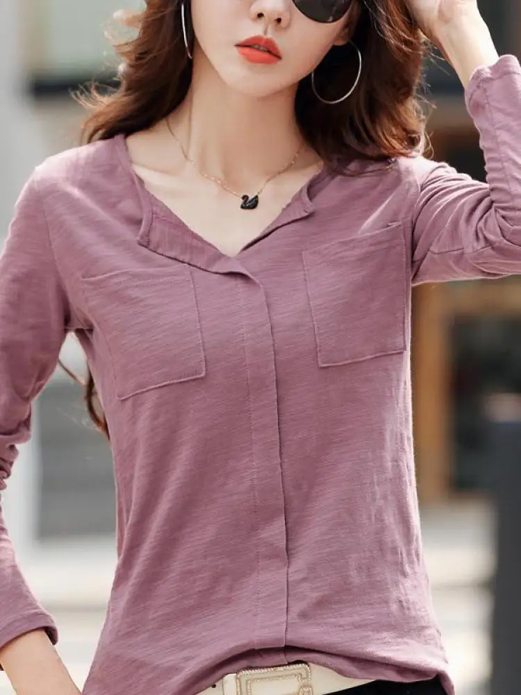 2025 manica lunga autunno inverno donna fiammato cotone magliette femminile verde scollo a V tinta unita T-shirt caffè coreano morbido allentato top 3