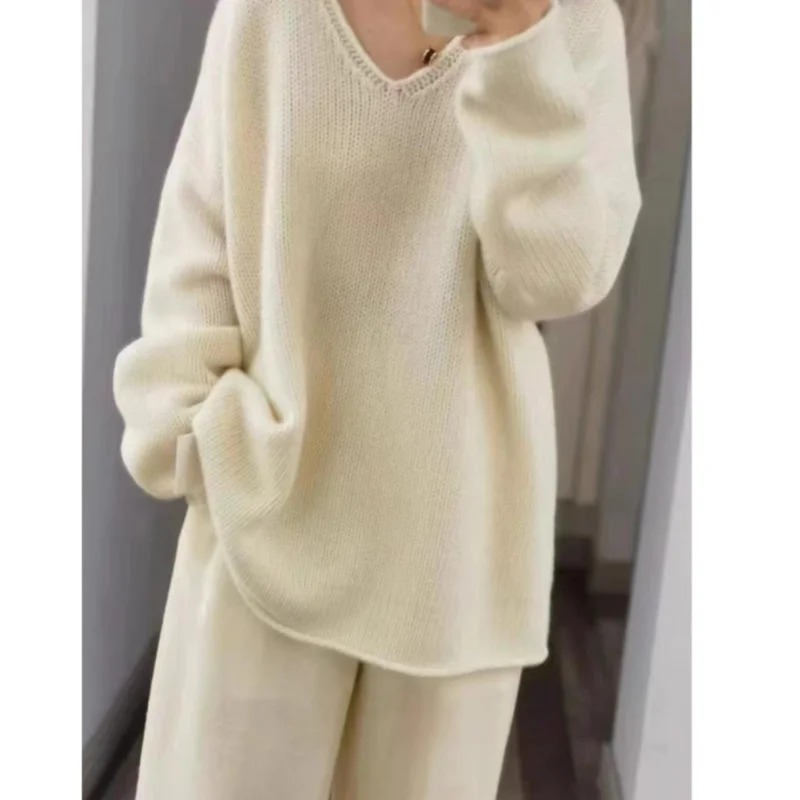 Autunno e Inverno Nuovo 100% Lana e Cashmere Maglione da Donna con Scollo a V Pullover Lavorato a Maglia Allentato Moda Top da Donna di Vendita Caldo 5